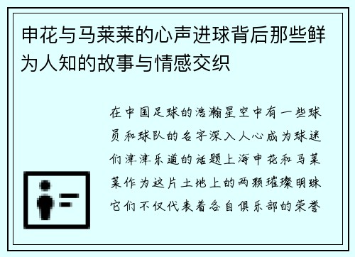 申花与马莱莱的心声进球背后那些鲜为人知的故事与情感交织 申花与马莱莱的心声进球背后那些鲜为人知的故事与情感交织